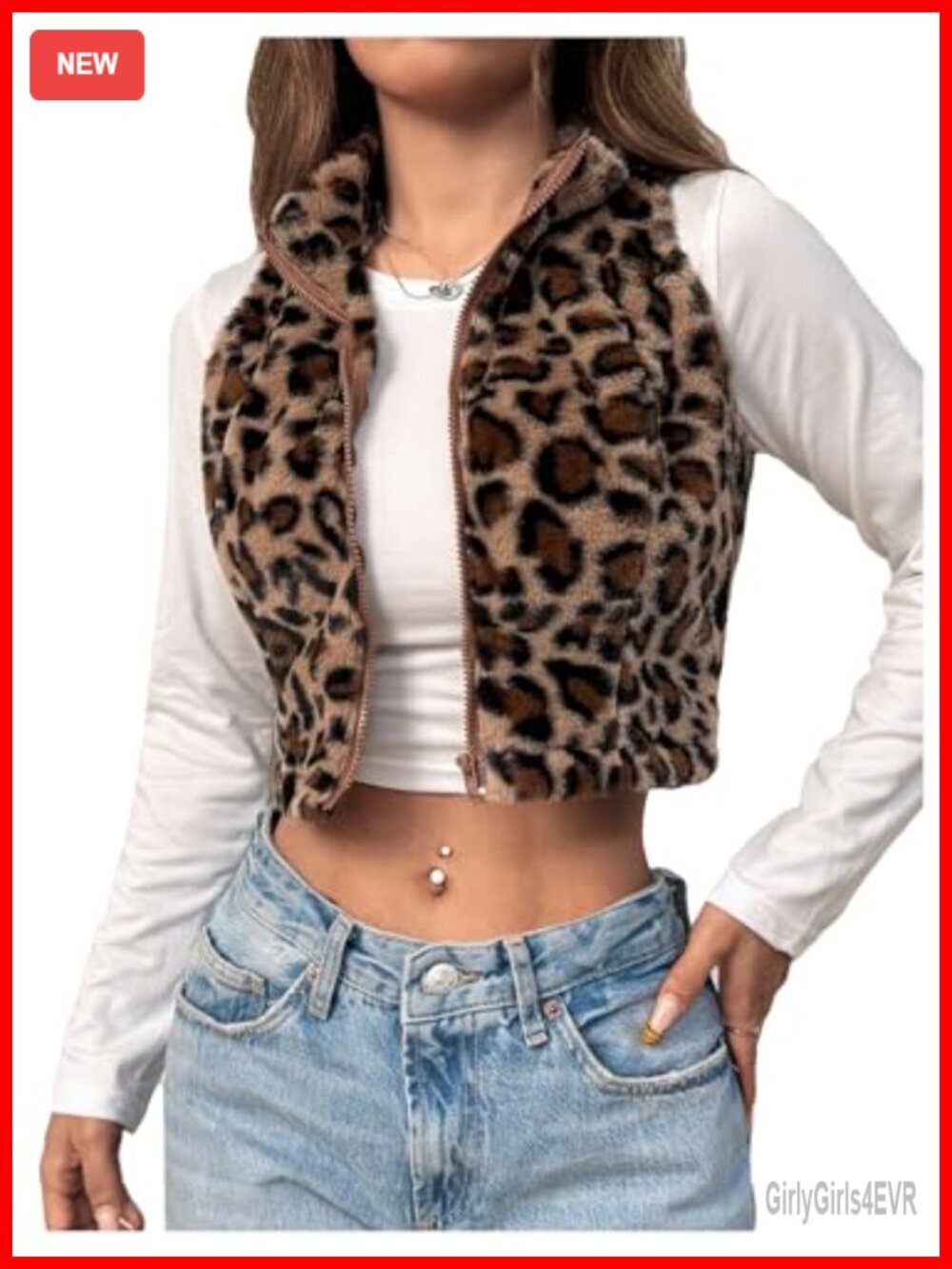 Y2K Leopard Print Cropped Vest Jacket Zip Up Fuzzy Sleeveless